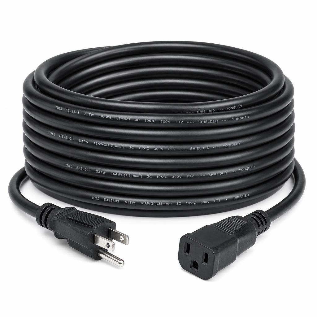 25' Black Power Cable — 12 AWG SJTW (US 120V)